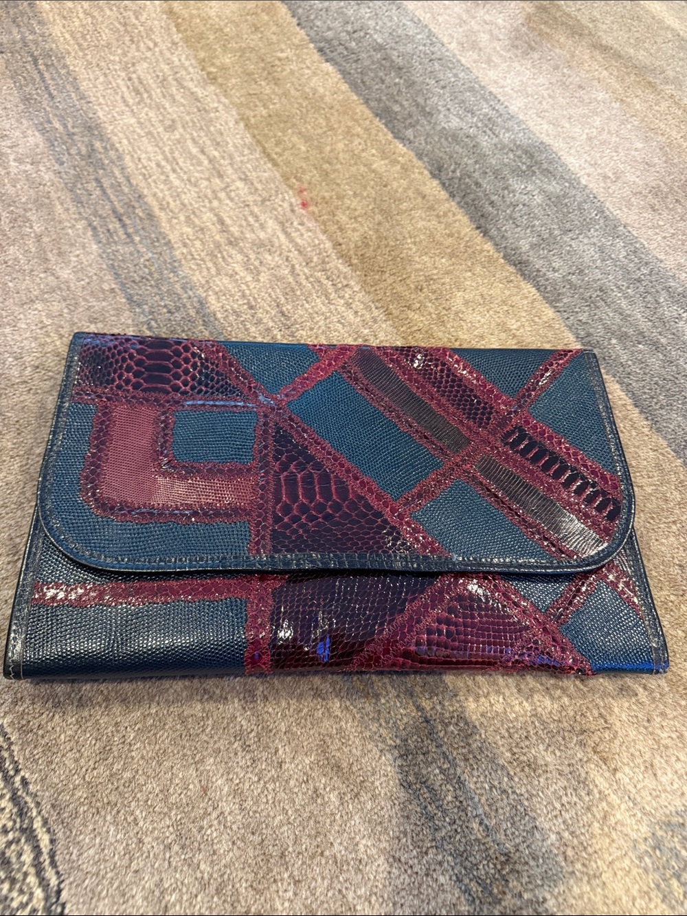 Carlos Falchi Blue and Burgundy Patchwork Envelope Clutch